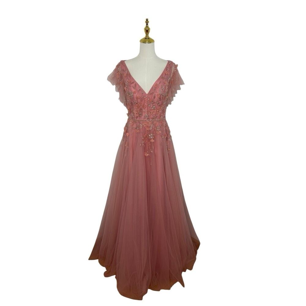 Mac Duggal 11224 Embellished Tulle Salmon Cap Sleeve Gown Size 10 $698 - Picture 4 of 7